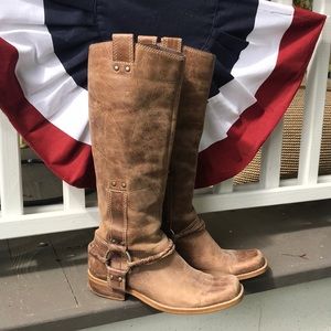 Brown leather knee high cowboy riding harness boot